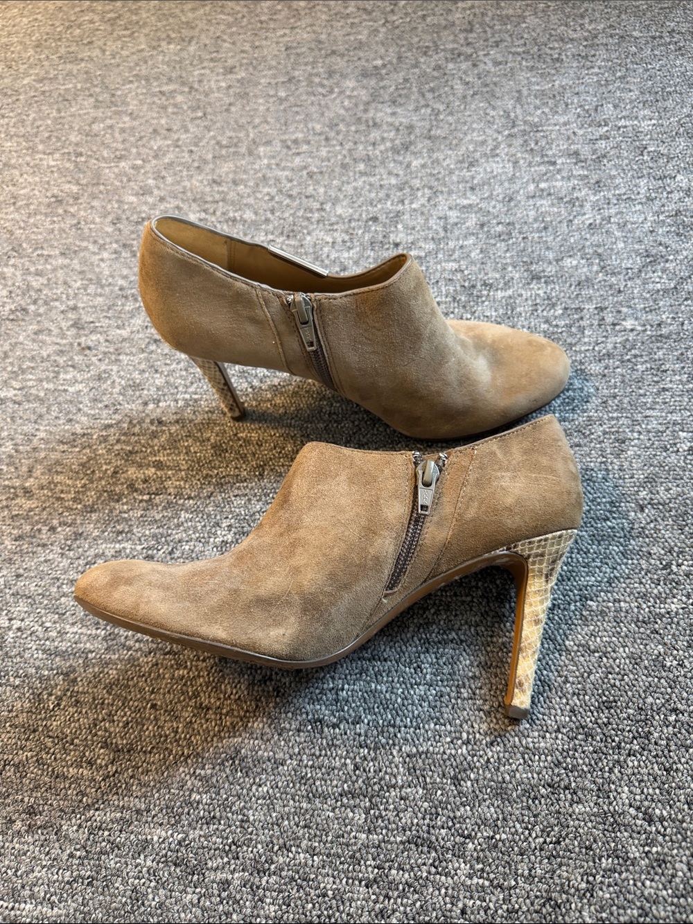 Coach Taupe Suede Zip Ankle Booties with Croc-Embossed Heel